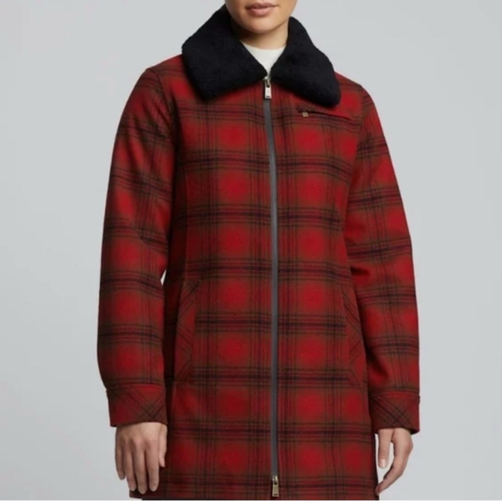 Pendleton Red Plaid Trench Coat with Black Collar